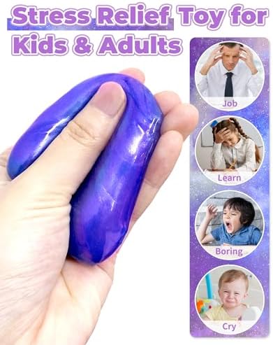 Kids hands squeezing soft non sticky galaxy slime for stress relief