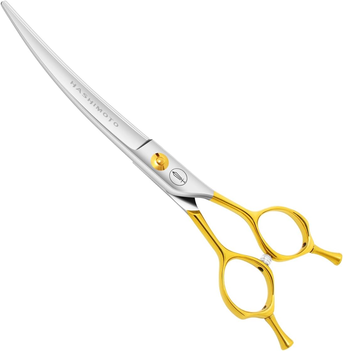 Ambidextrous design pet trimming shears close up with adjustable tension screw.
