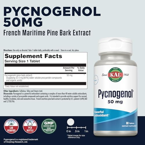 KAL French maritime pine bark extract supplement label detailing active ingredients and directions.