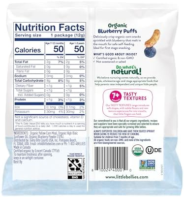 Little Bellies Organic Blueberry Puffs single pack highlighting certified USDA organic logo