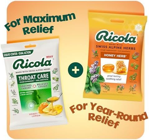 Authentic Ricola 45 count packaging showing the golden fair trade honey and menthol formulation