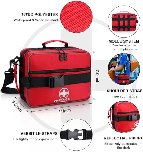 Poygik large first aid kit showing internal mesh compartments and bandages.