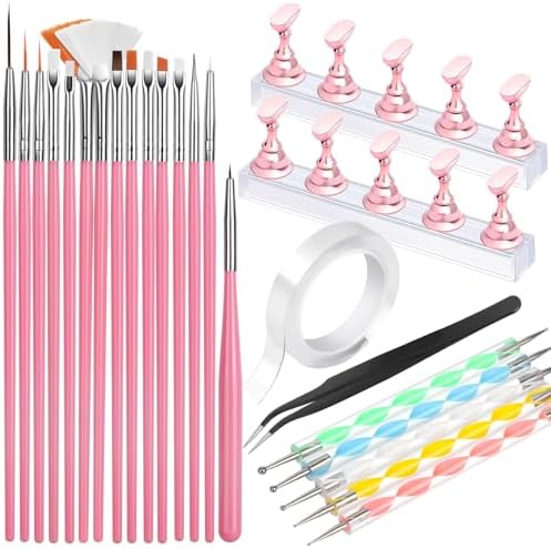 Fandamei 15 piece nail art brush set with pink handles front view