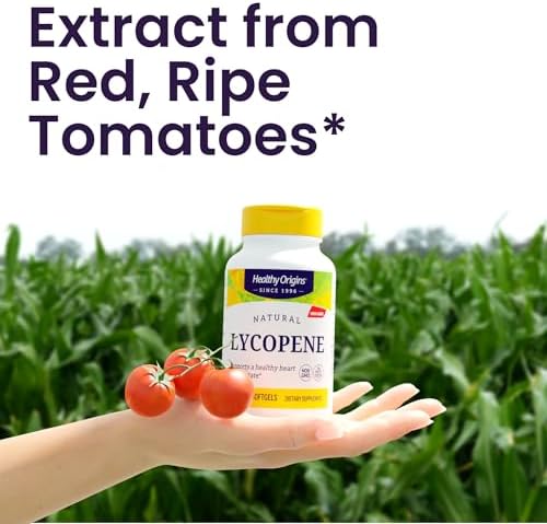 Healthy Origins natural lycopene 180 softgels showing standard product authenticity seals.