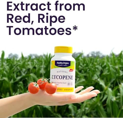 Healthy Origins natural lycopene 180 softgels showing standard product authenticity seals.
