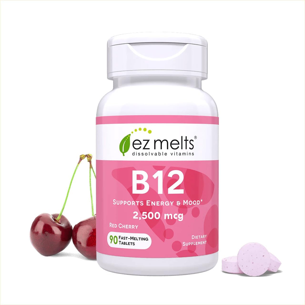EZ Melts sublingual vitamin b12 front view bottle showing ninety cherry flavored tablets