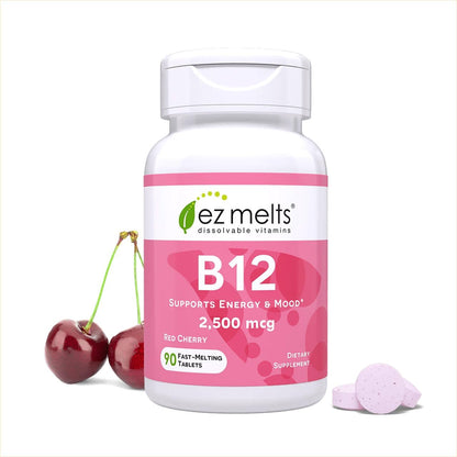 EZ Melts sublingual vitamin b12 front view bottle showing ninety cherry flavored tablets