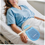 Top view of blue medical mittens showing the secure closure system.