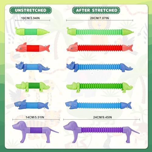 Toddler hands pulling a blue dolphin pop tube to demonstrate product expansion