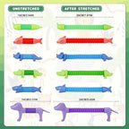 Toddler hands pulling a blue dolphin pop tube to demonstrate product expansion