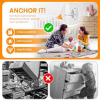 Child safety wall straps installed behind a white wooden bookshelf to prevent accidental tip overs.