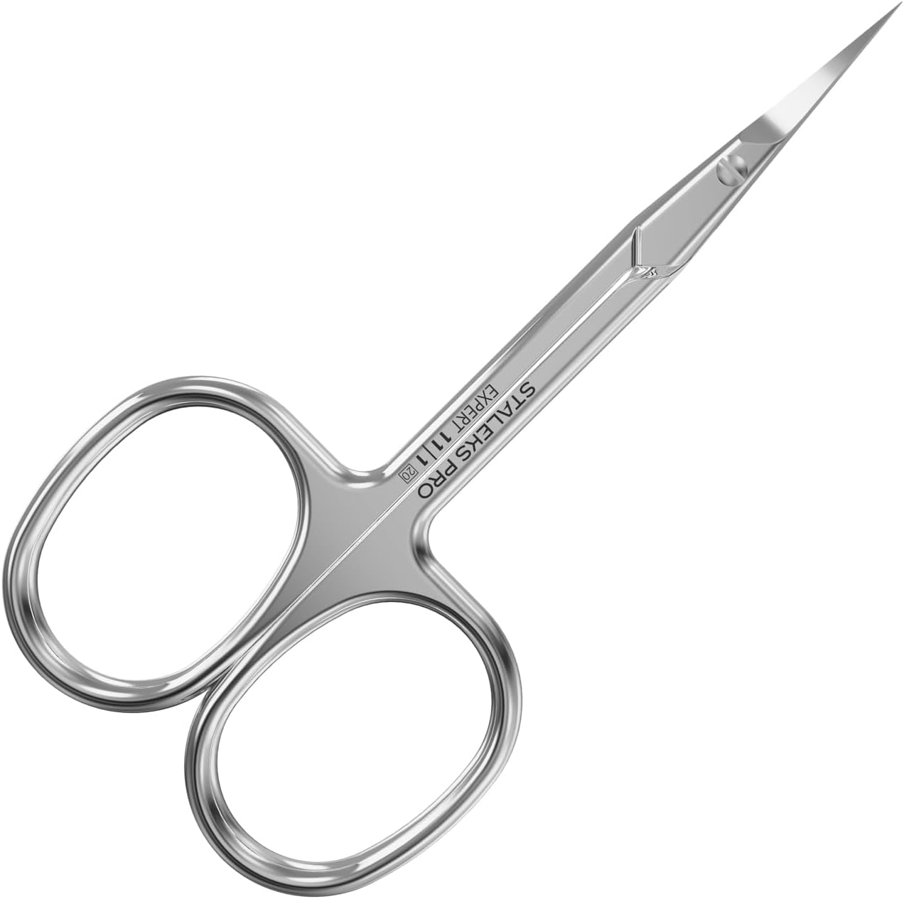 Staleks Pro Expert 11 Left Handed Cuticle Scissors front view showing curved narrow blades.