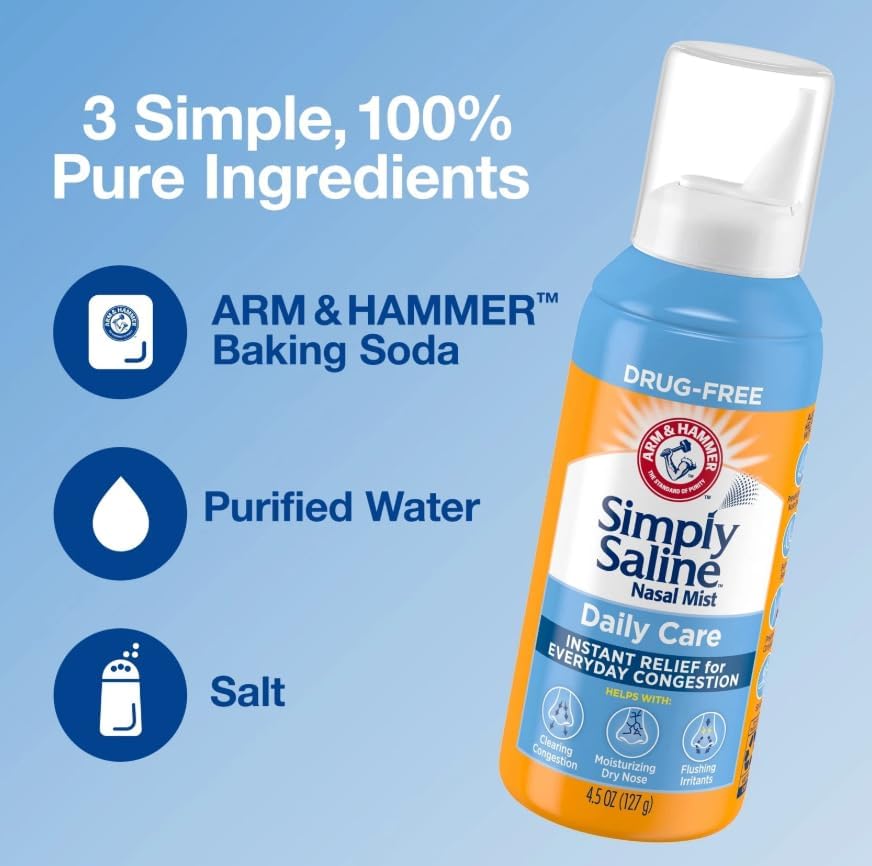 Side view of Simply Saline sterile solution bottle emphasizing its portable daily use design