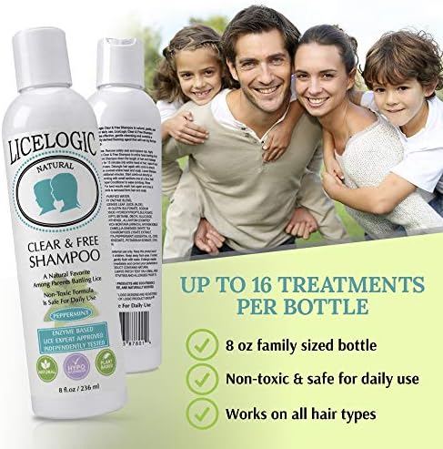 Back view of LiceLogic 8 ounce shampoo bottle showing non-toxic ingredients and directions.