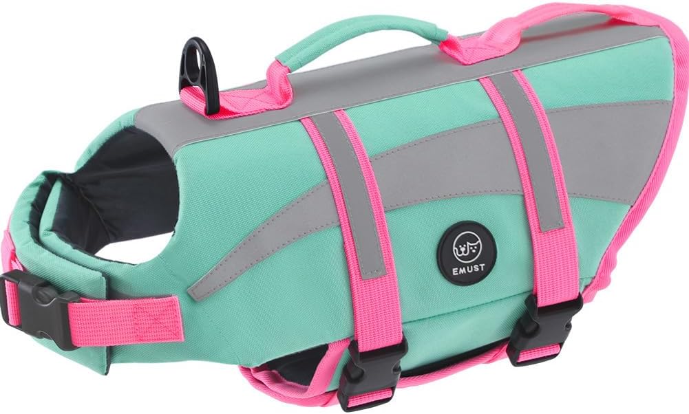 EMUST dog life vest front view showing the NewTurquoise color and dual rescue handles for large dogs.