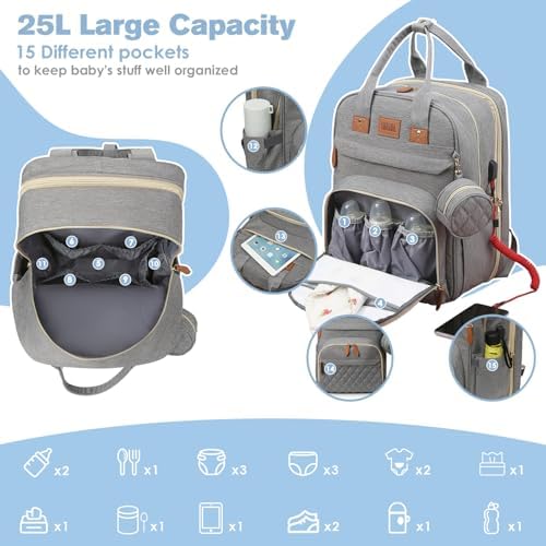 Jstpro diaper bag backpack showing foldable changing station and mosquito net