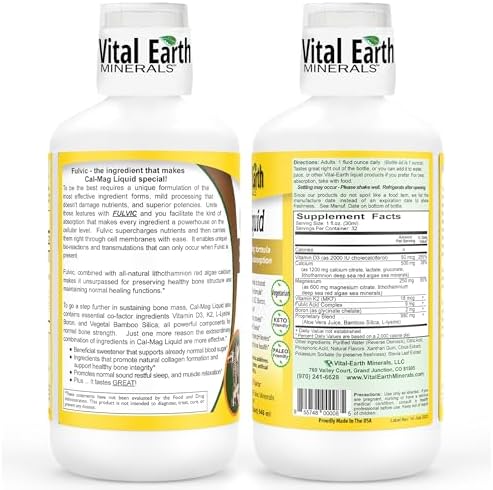 Back label of Vital Earth Minerals liquid supplement displaying detailed nutritional facts and fulvic acid ingredient profiles.