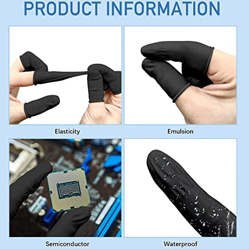 Side view illustration of powder free black protective finger cots showing medium sizing dimensions