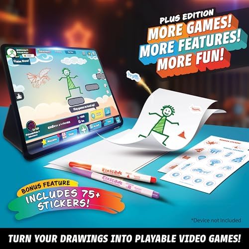 A completed colorful drawing turning into an interactive mobile video game on a tablet screen.