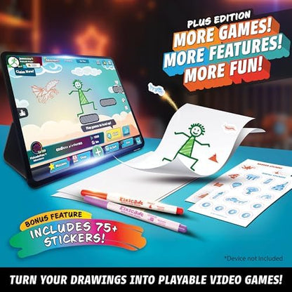 A completed colorful drawing turning into an interactive mobile video game on a tablet screen.