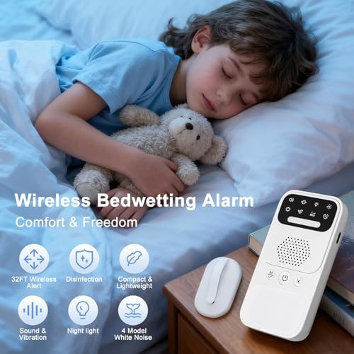 Wireless enuresis alarm with USB-C charging base for potty training.