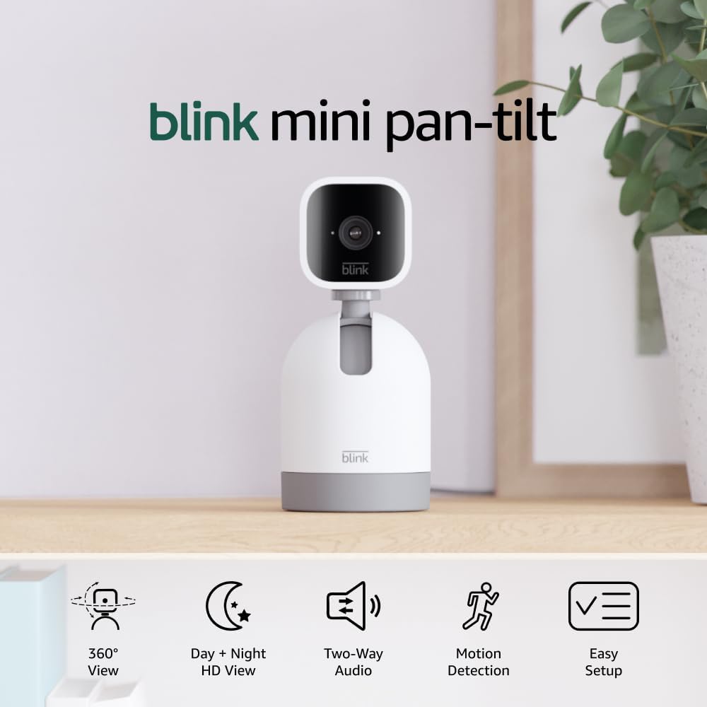 Blink Mini Pan-Tilt Camera front view of white rotating indoor security camera