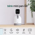 Blink Mini Pan-Tilt Camera front view of white rotating indoor security camera