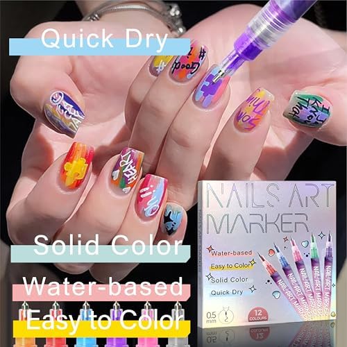 Swatch examples of 12 color nail art pens on artificial nail tips.