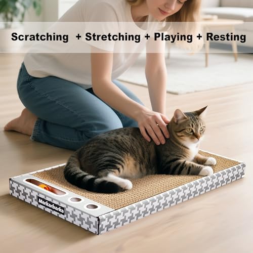 Close up of high density cat scratching board texture with built in jingle bell ball.
