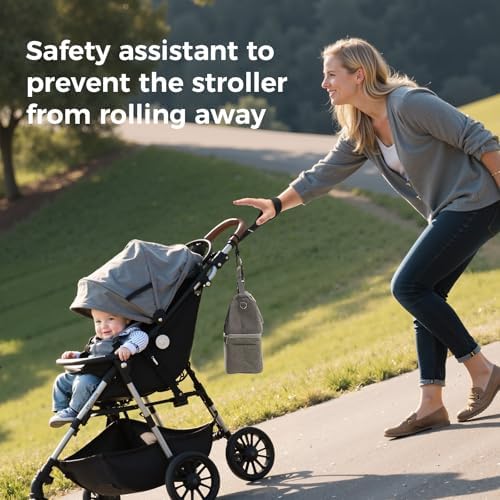Momcozy safety leash attached to stroller handle with storage hook