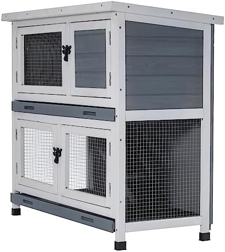2 Story Solid Wood Rabbit/Bunny Hutch with 2 Large Main Rooms, Indoor Outdoor Rabbit House Guinea Pig Cage Pet House for Small Animals with Ventilation Door Removable Tray Waterproof Roof (Grey) - Image 2