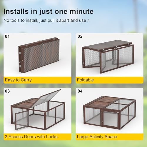 Chicken Coop, Wooden Rabbit Hutch Outdoor Indoor Folding Bunny Cage with Handle Portable Chicken Run with Top & Side Opening Doors Small Animal Playpen No Assembly Pet Poultry Cage for Bunny(Brown) - Image 5
