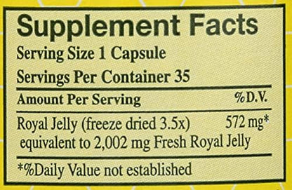 YS Organics 100 percent pure fresh royal jelly capsules nutritional facts panel