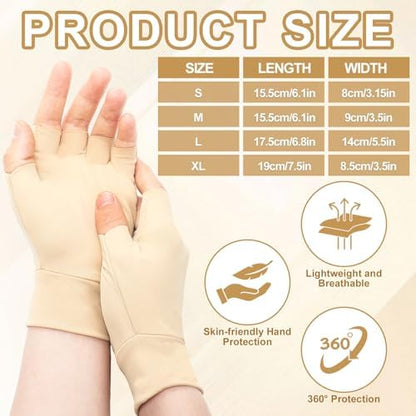 Close up of beige fingerless gloves for bruise and abrasion prevention.