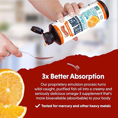 Barleans Total Omega 16 Ounce bottle alongside fresh oranges representing the natural creamsicle flavor profile