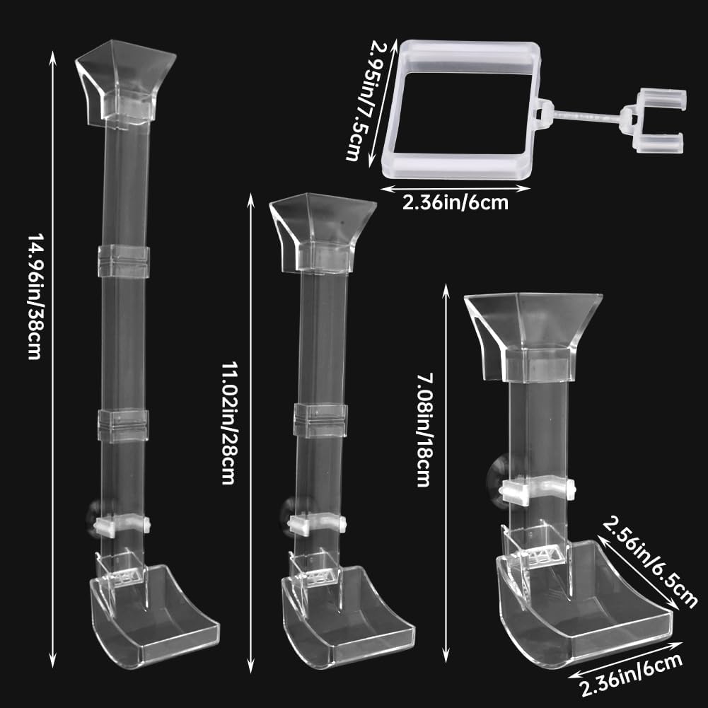 Adjustable three section acrylic fish feeder tube showing modular height options.
