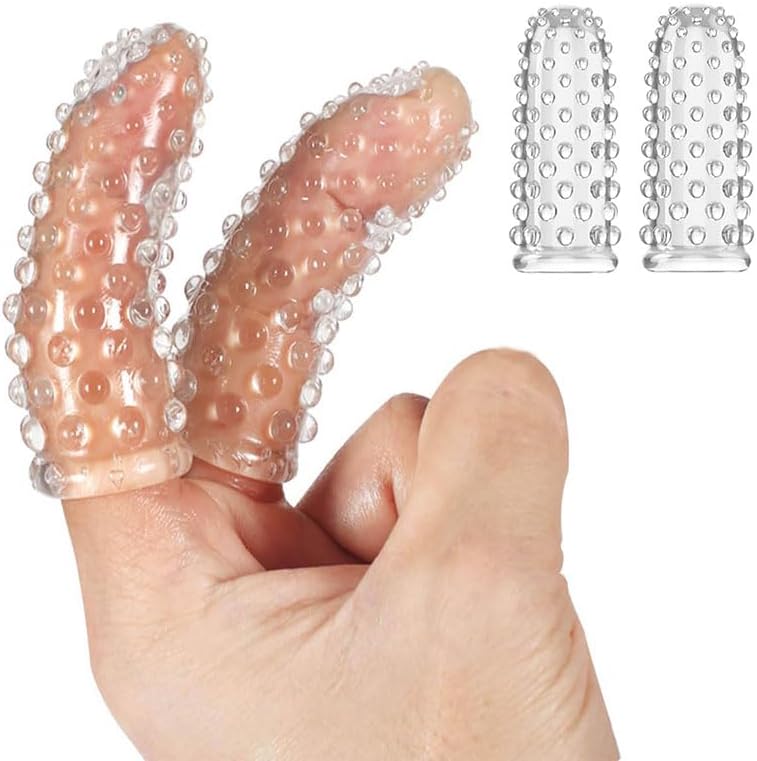 Frenzcoy body safe finger sleeves front view showing clear textured surface.