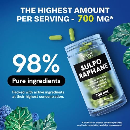Close up of Healthbiotics Sulforaphane 120 capsules supplement bottle