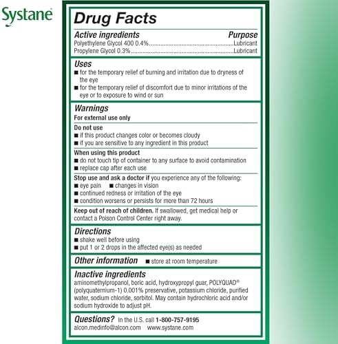 Systane Ultra artificial tears showing size and volume information per bottle.