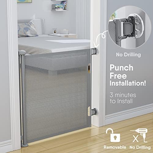 Punch free baby gate installation on a wooden doorway showing adhesive mounts