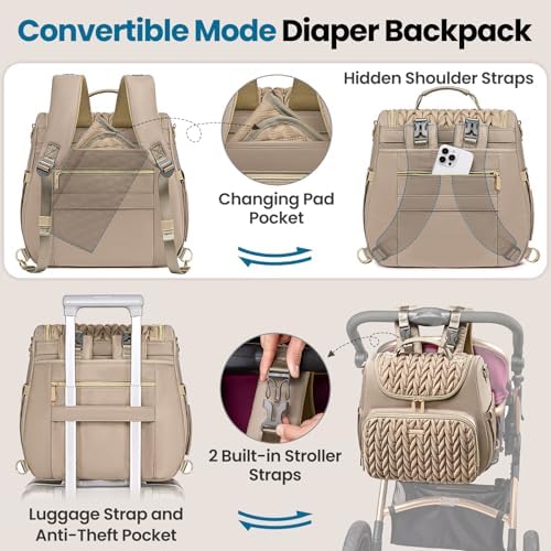 Tealari waterproof diaper bag hanging on a stroller with included changing pad