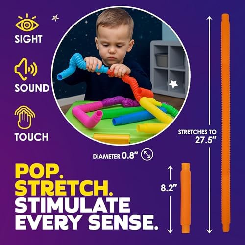 Child connecting flexible pop tubes for STEM play