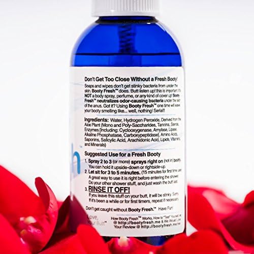 Booty Fresh 4 fluid ounce bottle showing ingredient list and usage instructions.
