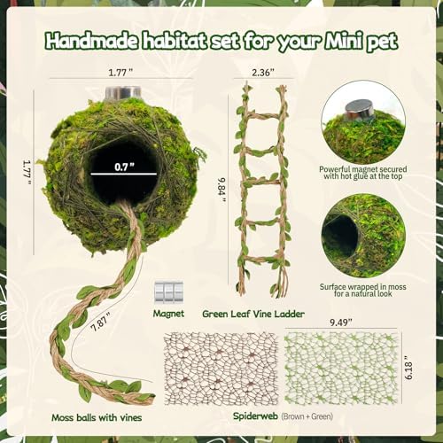 Magnetic Jumping Spider Hideout,Habitat Dcor Kit - Handmade Moss Hideout with Climbing Rope,Hemp Rope Bridge,2Pcs Climbing Web& Loose Moss,Fun Enclosure Accessories for Climbing & Hiding (4.5cm) - Image 4