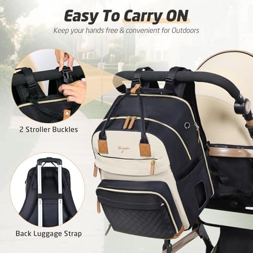 Tonyeee large capacity baby bag hanging on stroller with USB port visible