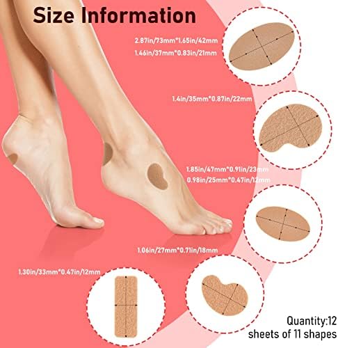 Close up of 11 different pre-cut moleskin shapes for foot protection