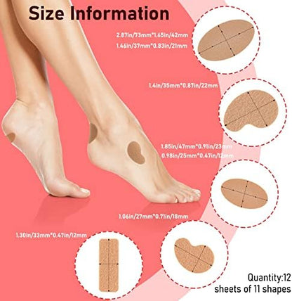 Close up of 11 different pre-cut moleskin shapes for foot protection