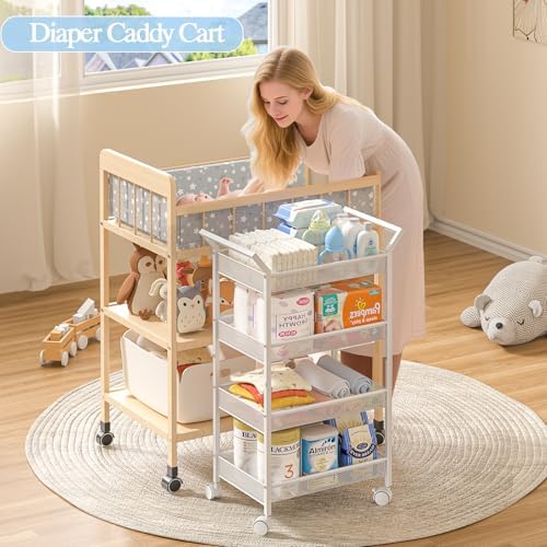 Rolling wheels and locking caster detail on diaper caddy cart