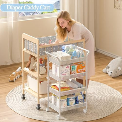 Rolling wheels and locking caster detail on diaper caddy cart