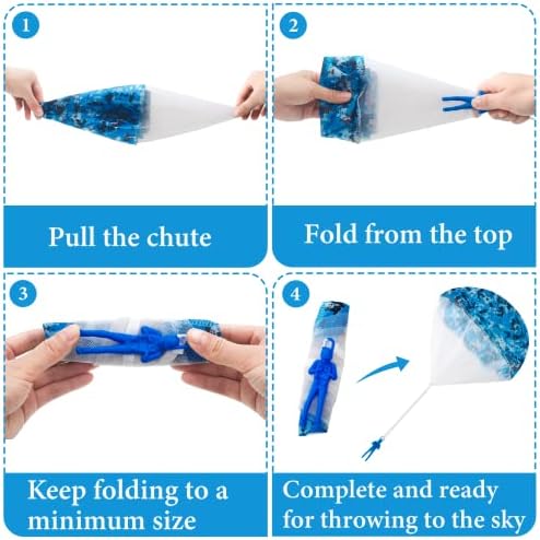 Close up of five multi colored plastic soldier figures with attached nylon parachute canopies